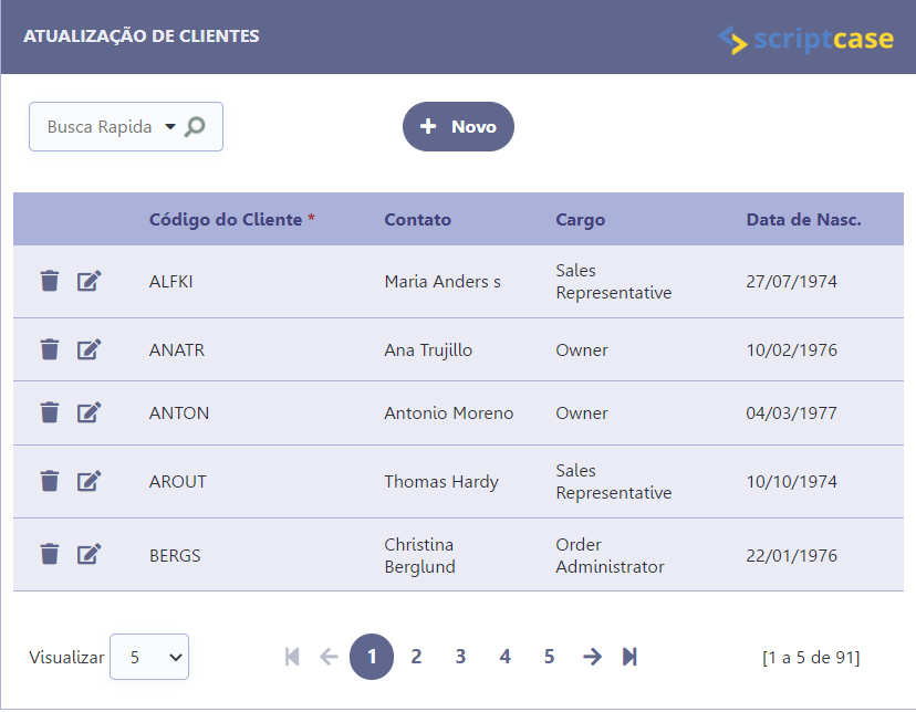 Exemplo da aplicação em execução definida como 5 registros por página.
