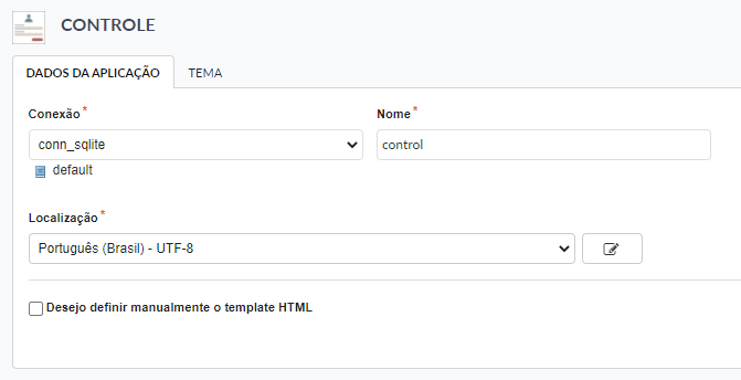 Tela de dados da aplicação controle