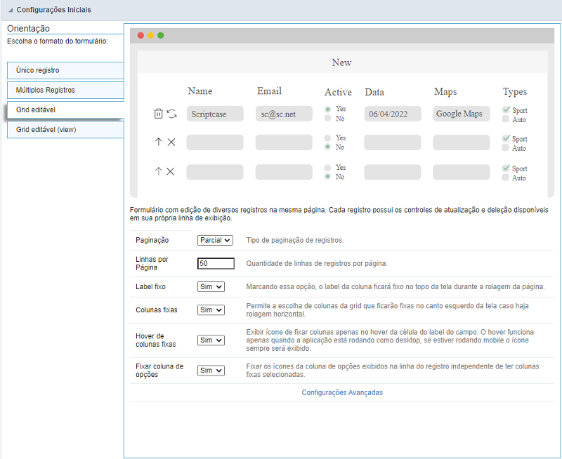Orientação do formulário grid editável.