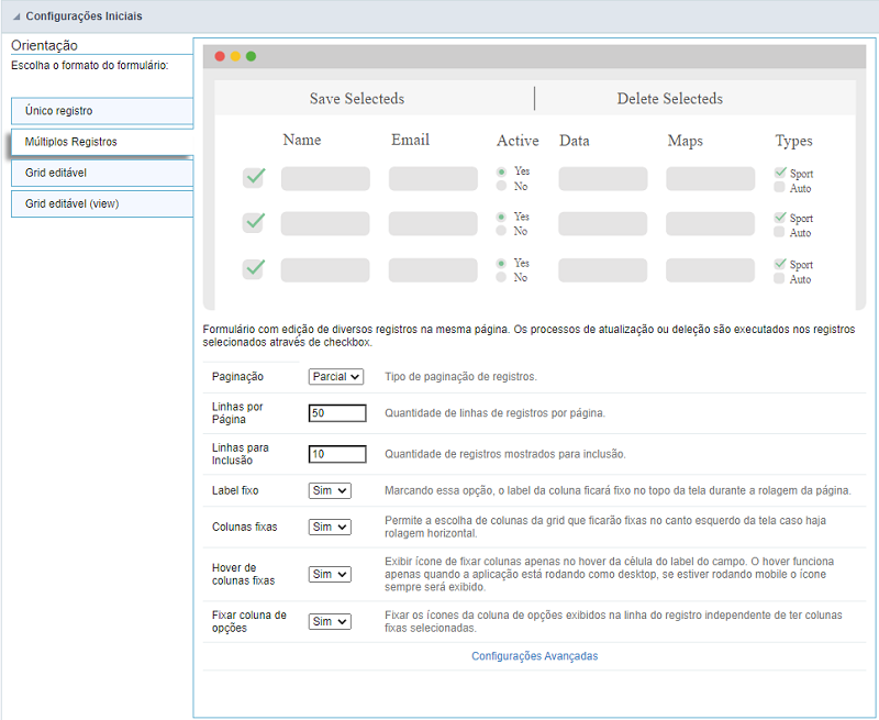 Orientação do formulário múltiplos registros.
