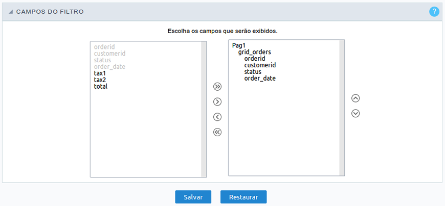 Interface de seleção dos campos do filtro.