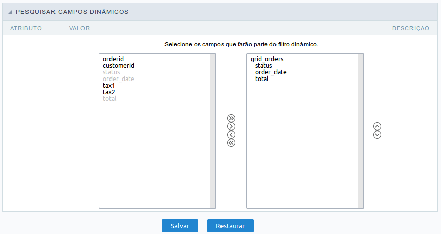Interface de seleção dos campos do filtro dinâmico.