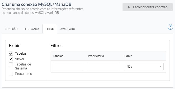 Filtragem da conexão do banco de dados