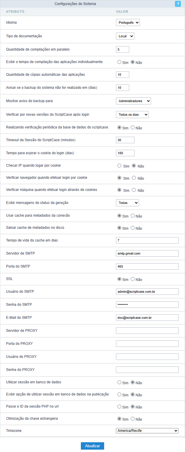 Acesso ao administrativo - Configurações do Sistema